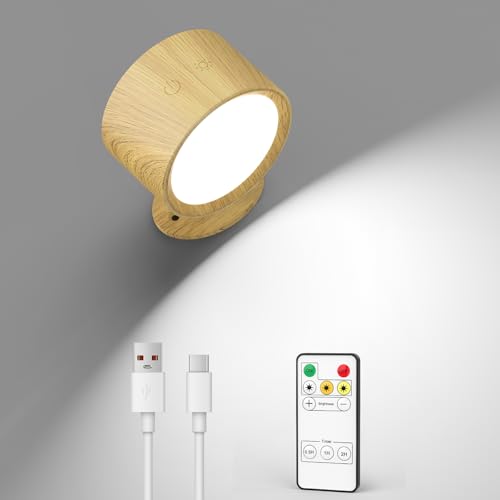 LED Wall Mounted Lights 2 Pcs with Remote, Rechargeable Wall Sconce with 3 Color Temps & Dimmable Magnetic 360° Rotation Cordless Light for Bedroom Reading Bedside (Wood, 1 Pack) - color: Wood, size: 1 Pack
