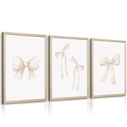 Preppy Bow Wall Art Decor Set of 3 Beige Coquette Wall Art Aesthetic Canvas Posters Trendy Girly Wall Decor Beige Bow Prints Preppy Pictures for Living Room College Apartment 12x16 Inch Wood Framed - color: Beige Bow Prints, size: 12x16 Inch Framed