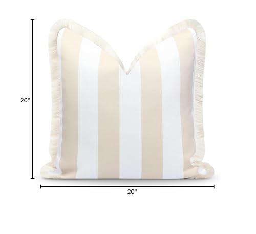 Hofdeco Premium Fall Coastal Patio Indoor Outdoor Pillow Cover Only, 20"x20" Water Repellent for Backyard, Couch, Neutral Tan Stripe Fringe - color: Neutral Tan Stripe 20"x20"