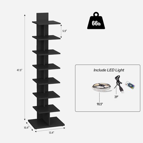 TUTOTAK Book Shelf, Narrow Spine Bookshelf, 8-Tier Bookcase with LED Lights | 10.4 x 13.4 x 47.5 Inches Vertical Freestanding Corner Shelf for Living Room, Office, Small Space, Black BS06BK008L - color: Black（led Ligths）