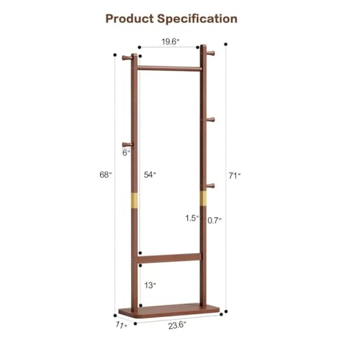 Solid Wood Coat Rack Freestanding, 71" Heavy Duty Clothes Rack with Dual Rods & Hooks, Stable Space Saving Hall Tree Entryway Organizer for Bedroom, Living Room (Walnut) - color: Walnut