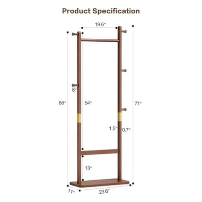 Solid Wood Coat Rack Freestanding, 71" Heavy Duty Clothes Rack with Dual Rods & Hooks, Stable Space Saving Hall Tree Entryway Organizer for Bedroom, Living Room (Walnut) - color: Walnut