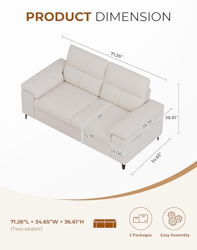 Upvilla 71.25" Modern Sofa Couch Deep Seat Sofa for Living Room(Beige) | 8”Cushion, Comfy 2-Seater Chenille Loveseat with Convertible Armrest, Removable Sofa Cover, High Leg - color: Beige, size: 71.25" Couch