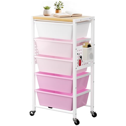 Rolling Cart with 5 Drawers, Plastic Drawer Storage Carts with Wheels & Wooden Tabletop, Metal Utility Cart with Pegboards, Office Living Room Classroom Craft Organization and Storage, Bright Pink - color: Bright Pink, size: 5-drawer