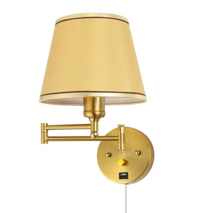 Plug-in Wall Sconce Swing Arm 1-Light Wall Mount Lamp with USB Charging Port Wall Sconce Lighting with Dimmable On Off Switch Gold Fabric Shade Brass Wall Lamp Light Fixture - color: Gold