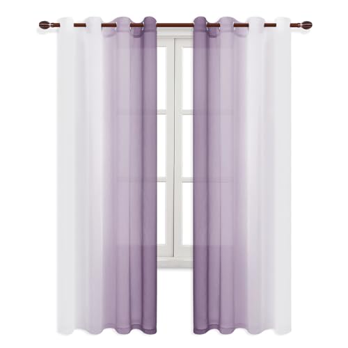 DWCN Lavender Faux Linen Ombre Sheer Curtains - 84 inches Long Gradient Semi Voile Curtains for Bedroom and Living Room, Set of 2 Grommet Top Window Curtain Panels, 52 x 84 Inches Long, Lavender - color: Lavender, size: 52"W x 84"L (Pack of 2)
