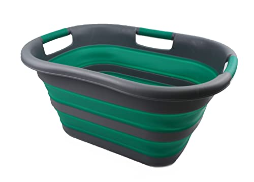 SAMMART 30L (7.9 gallon) Collapsible Plastic Laundry Basket - Foldable Pop Up Storage Container/Organizer - Portable Washing Tub - Space Saving Hamper/Basket (1, Dark Grey/Bluish-Green) - color: Dark Grey/Bluish-Green