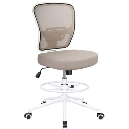 Armless Drafting Chair Tall Office Chair for Standing Desk - Adjustable Height Mesh Ergonomic Stool with Foot Ring, Rolling Counter Height Computer Chair for Small Spaces & Home Office - color: Khaki