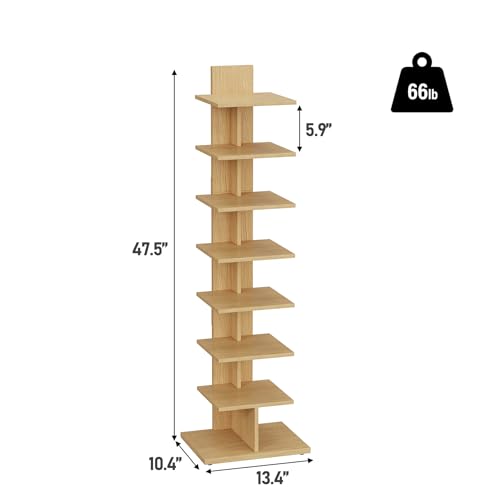 TUTOTAK Book Shelf, Narrow Spine Bookshelf, 8-Tier Bookcase for Small Space | 10.4 x 13.4 x 47.5 Inches Vertical Freestanding Corner Shelf for Living Room, Office, Study, Entryway, Natural BS06BN008 - color: Natural, size: 8 Tier