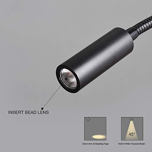 Wall Mounted Reading Light Touch Switch Dimmable LED 3W Warm White 3000K AC Adaptor (Black)