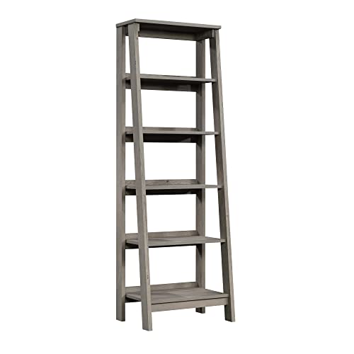 Sauder Ladder Bookshelf 5 Tier Trestle Ladder Shelf Wooden Bookcase, in Mystic Oak - color: Jamocha Wood