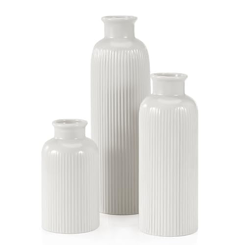 Small White Ceramic Vase Set of 3, Boho Modern White Flower Vase Room Decor, Farmhouse Decor, Vases for Your Kitchen, Bathroom, Bedroom, Living Room, Office&Shelf Centerpiece Table Decorations - color: White