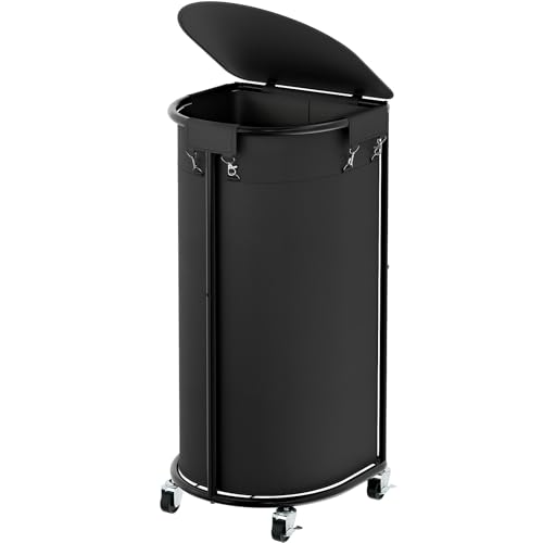 Laundry Hamper with Wheels and Lid, 100L Half Round Rolling Laundry Basket | Gasvadivum Sturdy Metal Frame Laundry Cart with Removable Bag, Dirty Clothes sorter Organizer for Bathroom, Bedroom, Black - color: Black, size: 100L(16.9"L x 12.6"W x 31.5"H)