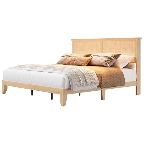 Garvee Bohemian King Rattan Bed LED Natural Headboard Bedroom | Bohemian king rattan bed with natural headboard, LED lights, solid wood frame. No box spring needed for bedroom use. - size: King(0 Drawers)