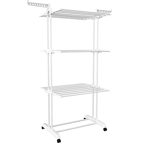 HOMIDEC Clothes Drying Rack, 4-Tier(67.7" H) Foldable Drying Rack Clothing | Foldable Stainless Steel Drying Rack, Movable Laundry Drying Rack with 4 Castors and 14 Hooks for Bed Linen, Clothing, White - color: White