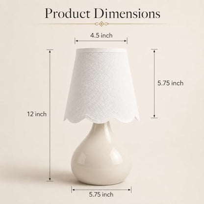 12" Beige Ceramic Table Lamp, Small Plug-in Bedside Lamp with Linen Shade, E26 Socket, 6FT Cord & Rocker Switch, Coastal Accent Lamp for Bedroom Nightstand, Living Room, Dorm