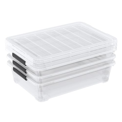 40 Quart Plastic Clear Underbed Storage Bin with Wheels, 3 Packs | Stackable Large Flat Under Bed Organization Boxes with Lids - size: 40 Quart