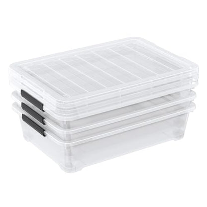 40 Quart Plastic Clear Underbed Storage Bin with Wheels, 3 Packs | Stackable Large Flat Under Bed Organization Boxes with Lids - size: 40 Quart