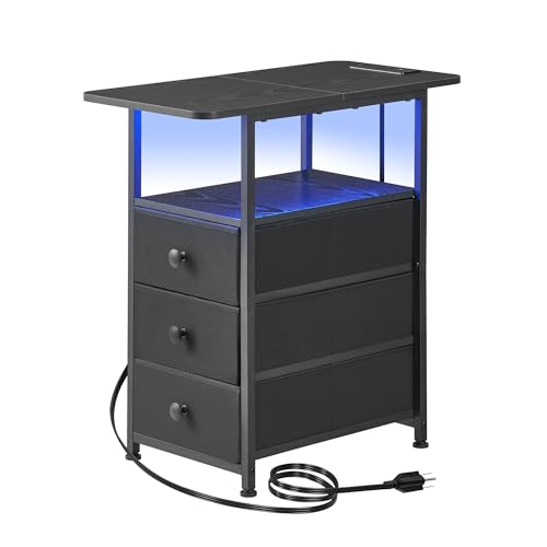 Narrow End Table with Charging Station, Narrow Side Table with 3 Fabric Drawers, Slim Nightstand with LED Light, Small Bedside Table with Storage, Living Room, Bedroom, Black HKET1303BK - color: Black, size: 11.8" W x 23.6" D, style: Power + Light