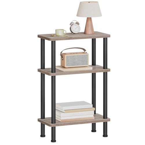HOOBRO Narrow Side Table, 3-Tier Slim End Table No Tools Needed, Twist-On Assembly, Skinny Nightstand Sofa Storage Shelf for Living Room, Bedroom, Study, Greige and Black BG246BZ01 - color: Greige + Black
