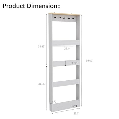 Behind Door Bookshelf Kids,Wooden Slim Tall Bookshelf 4-Tier Narrow Shelf | Space-Saving Book Shelf Organizer for Toys & Story Books Wall Mount Shelves with 5 Hooks Bedroom Living Room Antique White