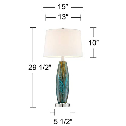 Azure 29 1/2" Tall Table Lamps Set of 2 Blue Art Glass Modern Brown | Colors May Vary. Handcrafted Living Room Bedroom House Bedside Nightstand Home Office Family White Drum Shade - color: Blue Brown