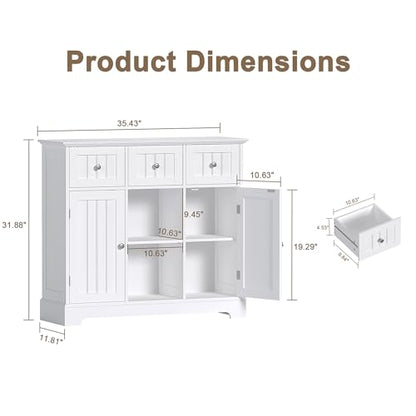 ChooChoo 35.4" Coffee Bar Cabinet with 3 Drawers and 2 Doors, White | Buffet Cabinet with Adjustable Shelves, Storage Cabinet for Compact Kitchens, Dining rooms and Living rooms - color: White