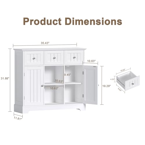 ChooChoo 35.4" Coffee Bar Cabinet with 3 Drawers and 2 Doors, White | Buffet Cabinet with Adjustable Shelves, Storage Cabinet for Compact Kitchens, Dining rooms and Living rooms - color: White