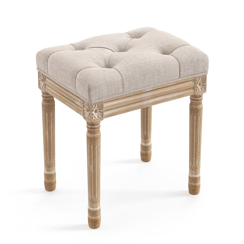 LUE BONA Upholstered Fabric Vanity Bench Seat, Makeup Stools for Vanity, Square Tufted Ottoman Bench with Carved Wood Color Legs for Bedroom Living Room, Linen Color - color: Linen and Wood