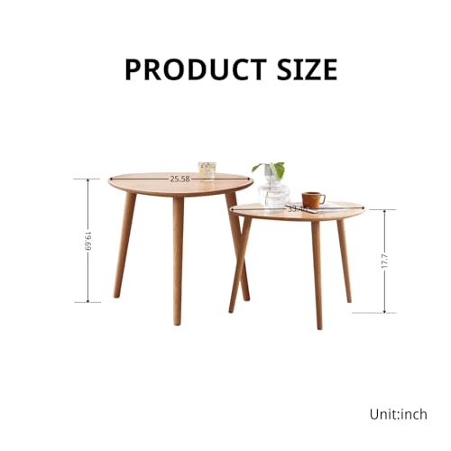 100% Solid Oak Wood Nesting Coffee Table, Small Oval Coffee Tables Set, Mid Century Modern Round Tables for Living Room, Pebble Side Table for Balcony (Nature, Combine) - color: Natural, size: Tall + Large - 2 Piece
