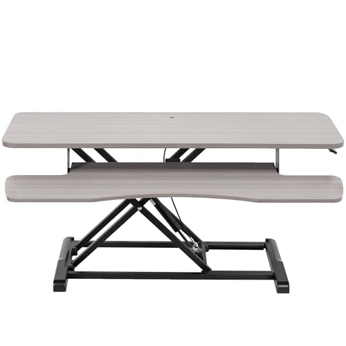 VIVO Dark Gray 36 inch Standing Desk Converter, DESK-V036KG | Height Adjustable, Stand Up Desk Riser, Wide Keyboard Tray, Dual Monitor and Laptop Workstation, Black Frame, K Series - color: Dark Gray, size: 36"