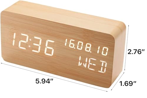 Wood Digital Alarm Clock Desk Time, Date(MM/DD/YY), Day of The Week, Temperature, Nightlight Large LED Display Portable Lamp Bedroom, Office, School, Home, Livingroom, Room (Bamboo) - color: Bamboo