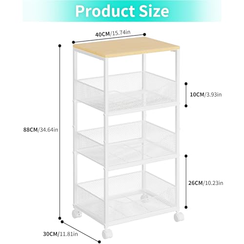 HapiRm Fruit Basket Kitchen Cart - 4-Tier Rolling Storage Cart with Wheels, Wood Top Utility Pantry Cart for Vegetables, Potatoes, Onions, Bread, Snacks - color: White