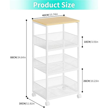 HapiRm Fruit Basket Kitchen Cart - 4-Tier Rolling Storage Cart with Wheels, Wood Top Utility Pantry Cart for Vegetables, Potatoes, Onions, Bread, Snacks - color: White