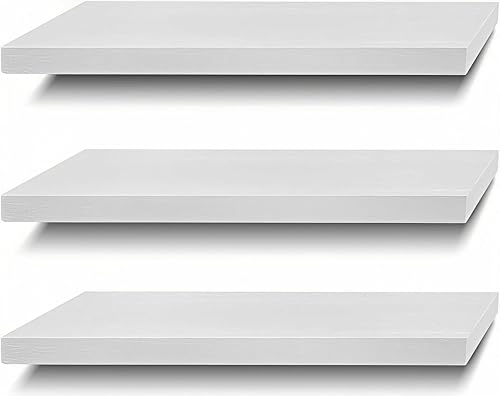 SAUMONIERES Floating Shelves Wall Shelf Solid Wood for Bathroom Bedroom Kitchen Set of 3, White Wall Shelves - color: White, size: 16 Inch-3 shelves