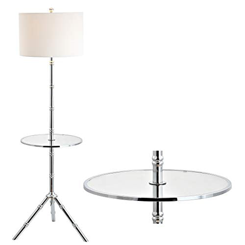 JONATHAN Y Hall 62" Metal LED End Table Floor Lamp, Chrome | 20.5" Round Surface, White Linen Drum Shade, Modern Tripod Base, Standing Light, Living Room, Bulb Included - color: Chrome