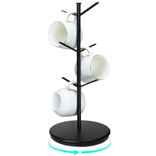 360° Rotating Mug Tree, 6 Hooks Upgraded Stable Metal Mug Holder, Bamboo Base Coffee Mug Cup Rack for Counter Top, Mug Display, Home Storage and Cup Organizer, Black - size: 6 Hooks 360°