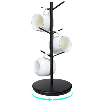 360° Rotating Mug Tree, 6 Hooks Upgraded Stable Metal Mug Holder, Bamboo Base Coffee Mug Cup Rack for Counter Top, Mug Display, Home Storage and Cup Organizer, Black - size: 6 Hooks 360°