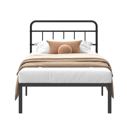 Kujielan 12 inches Twin Bed Frame with Minimalist headboard, Black | Metal Platform Base with Strong Metal Slats,Mattress Foundation for Under Bed Storage,Easy Assembly - size: Twin