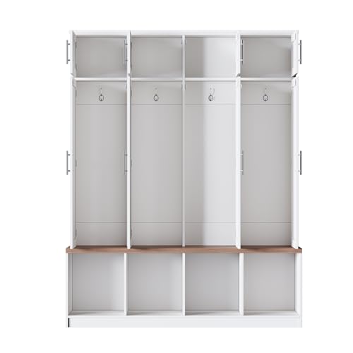 Hall Tree with Entryway Bench and Shoe Cabinet, Multi-Functional Seating Bench with 4 Hanging Hooks and 8 Doors, White - color: White