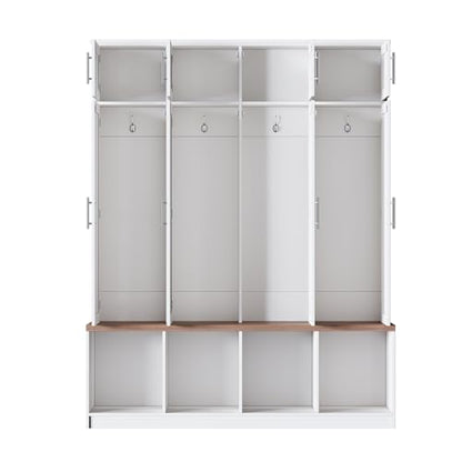 Hall Tree with Entryway Bench and Shoe Cabinet, Multi-Functional Seating Bench with 4 Hanging Hooks and 8 Doors, White - color: White