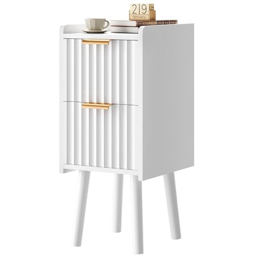 IBUYKE Narrow Nightstand,Slim Bedside Table with 2 Drawer,White UWNS015W | Space Saving,Skinny Bedside Table for Small Spaces,Wood Side End Tables for Bedroom Living Room