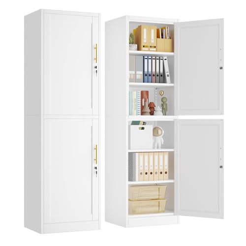pozdeg 67" White Lockable Tall Narrow Metal Storage Cabinet | Office File Cabinet with 4 Adjustable Shelves, Steel Locker for Home, School, Office, Garage & Gym - color: White - a, size: 15.8"D x 19.7"W x 67"H