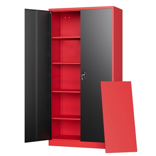 Metal Storage Cabinets with Lock, 71" Tall Locker Organizer Steel Cabinets, Adjustable Shelves 2 Doors for Home, Office, Warehouse,Garage,Industrial,Employee Lockers (Style B, Black Red) - color: Black Red, size: 16"D x 32"W x 71"H