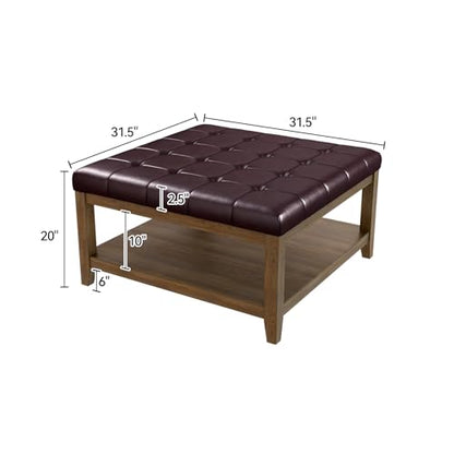 ABHENG 31.5" Large Square Storage Ottoman, Upholstery Solid Rubberwood Coffee Couch Table with Open Shelf, Foot Stool Load up to 330lb, Sythetic Leather Brown UASND67R - color: Brown, size: 31.5"D x 31.5"W x 20"H