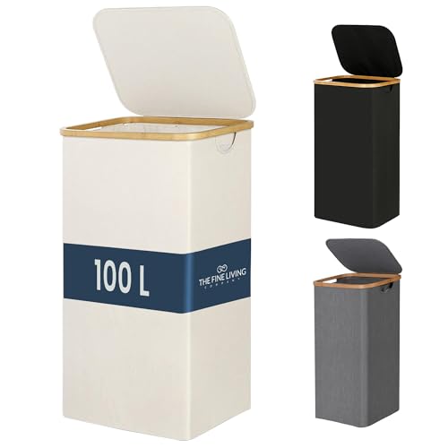 TFLC 100L Large Laundry Hamper with Lid Dirty Clothes Hamper, Ivory | Narrow Foldable Slim Laundry Basket with Bamboo Handles, Tall Skinny Hamper for Dorm, Bathroom & Bedroom - color: Solid Ivory