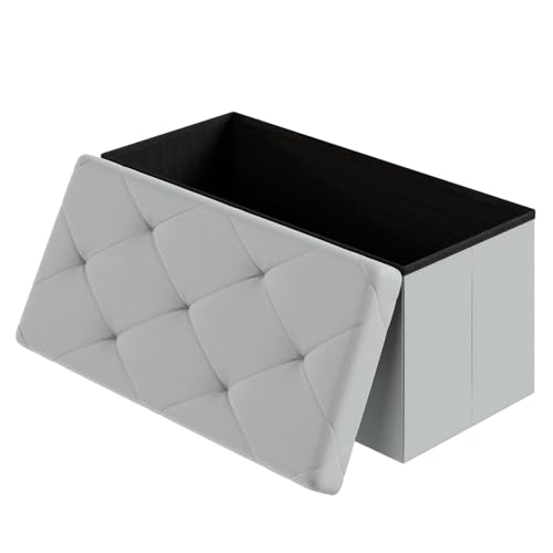 DUMOS 30 Inch Folding Ottoman with Storage Bench, Foot Rest Stool Ottoman | Upholstered End of Bed Storage Bench, Storage Ottoman Loads 660 Lbs for Bedroom, Living Room, Synthetic Leather, Gray - color: Grey, size: 15.2"D x 30"W x 15.2"H