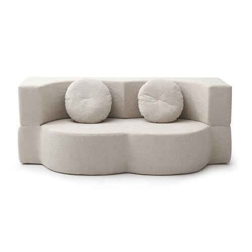 76" Convertible Folding Futon Sofa Bed, Queen Sleeper Sofa with Pillow, Teddy Floor & Futon Loveseat Couch, Foam Folding Mattress Sleeper for Living Room, Guest Use, Apartment, No Assembly (Beige) - color: Beige