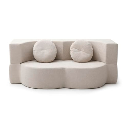 76" Convertible Folding Futon Sofa Bed, Queen Sleeper Sofa with Pillow, Teddy Floor & Futon Loveseat Couch, Foam Folding Mattress Sleeper for Living Room, Guest Use, Apartment, No Assembly (Beige) - color: Beige