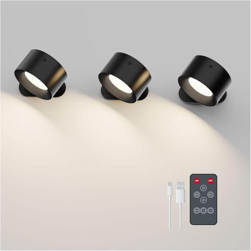 Deyagoo 3PACK LED Wall Sconce, Rechargeable Wall Light with Remote-Black | 3 Colors, Dimmable, Magnetic Rotating Head, 360 Degree Rotate - color: Black-D